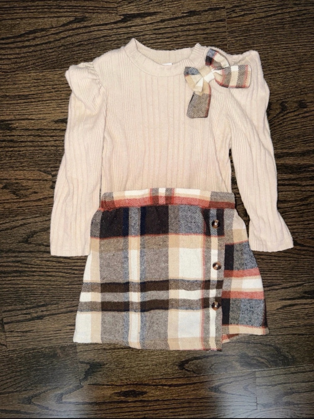 Amazon Cream Rib Knit Top with Plaid Skirt Set